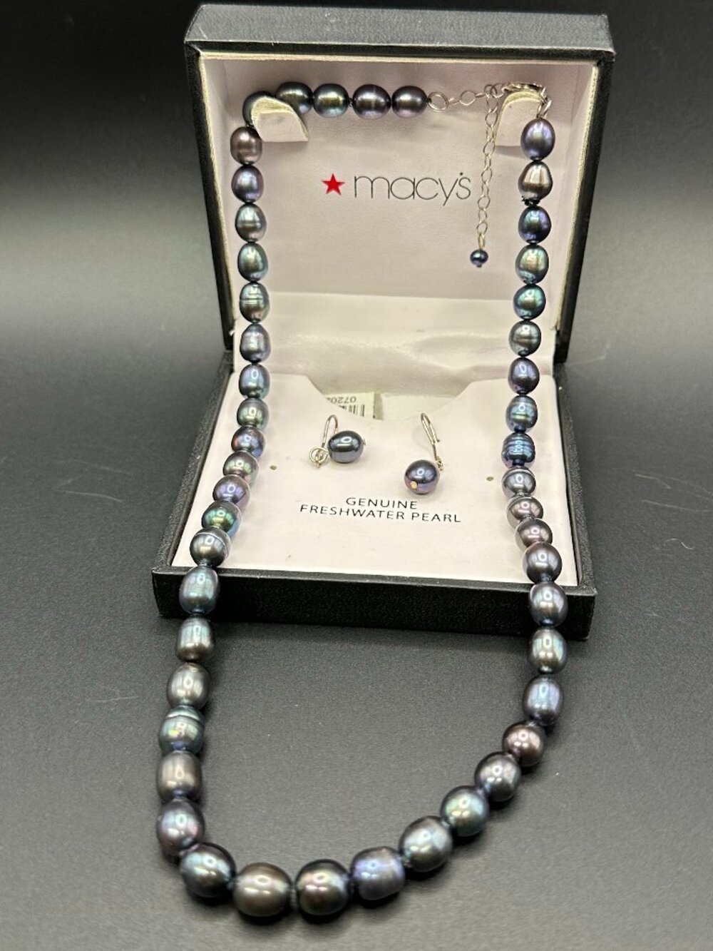 Macy’s Freshwater Black Baroque Pearl Jewelry Set. Original Box